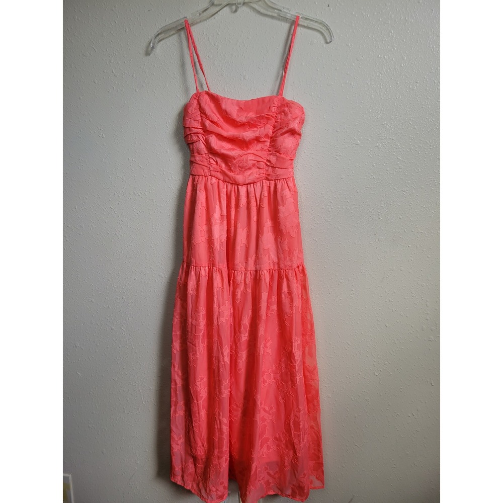 Socialite Coral Sugar Floral Burnout Midi Dress Ruched Smocked XS